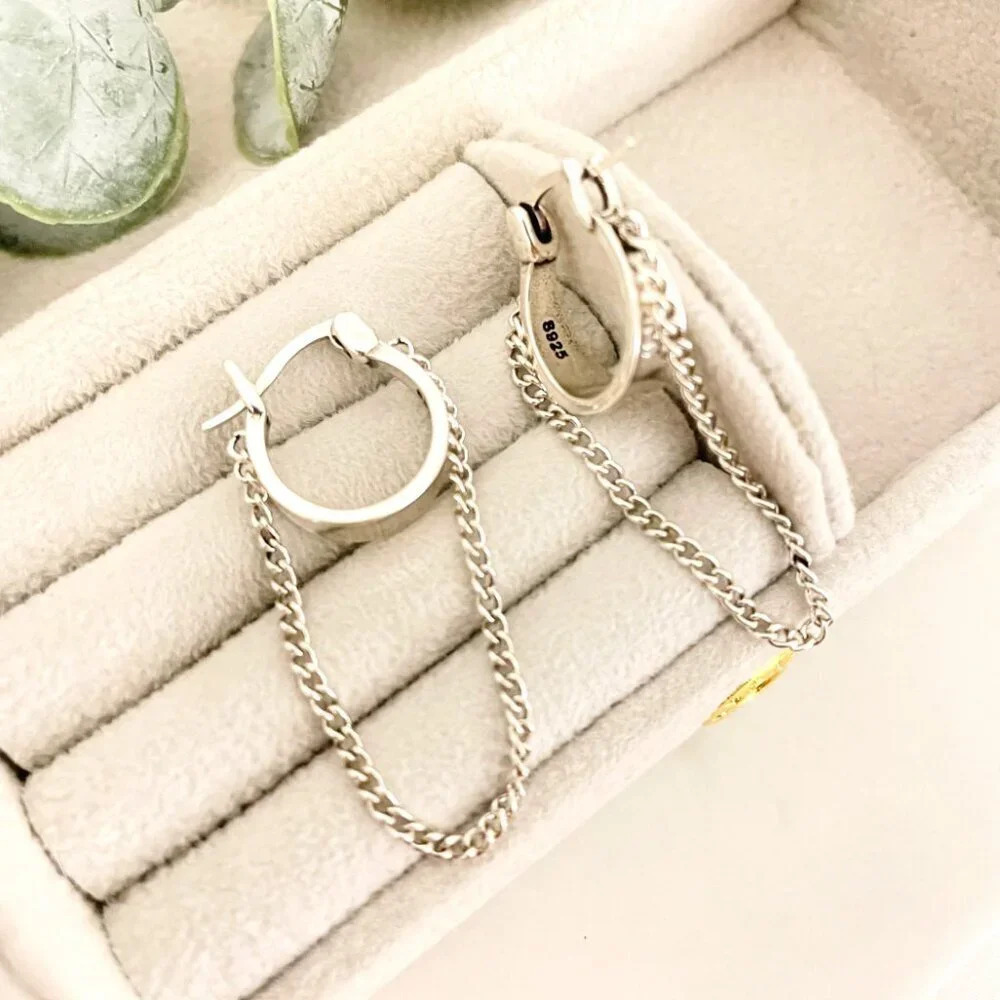 925 Sterling Silver Dangle Chain Hoop Earrings Small Hoops Huggie Earrings